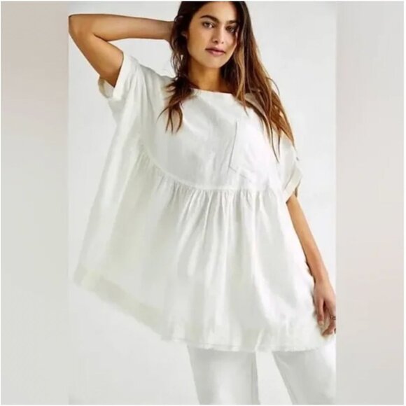 We the Free White Moon City Tunic Top M Linen Blend Frayed Hem Boho Minimalist - Picture 1 of 10